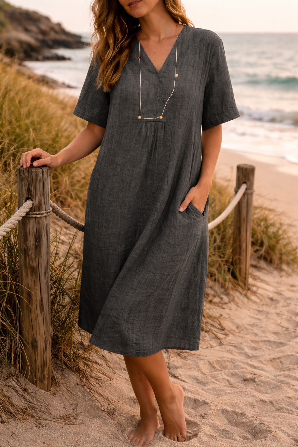 Esme | Women's Linen V-Neck Midi Dress