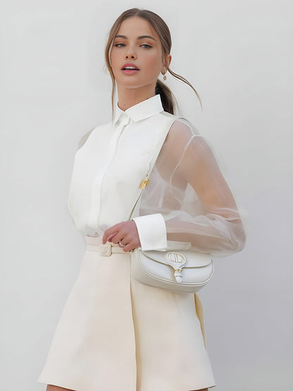 Eleanor | Women's Sheer Sleeve Collared Blouse