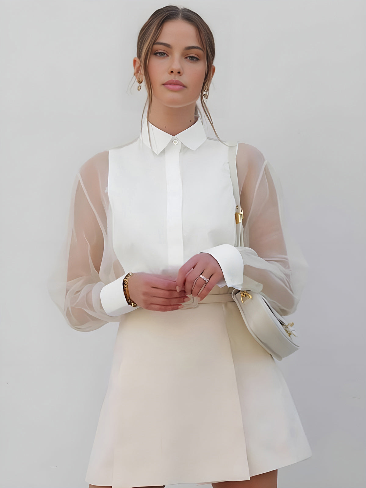 Eleanor | Women's Sheer Sleeve Collared Blouse