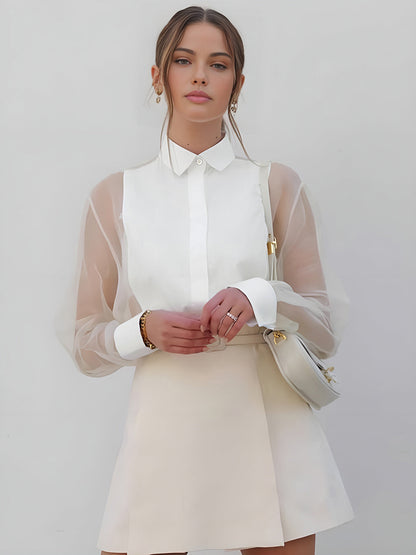 Eleanor | Women's Sheer Sleeve Collared Blouse