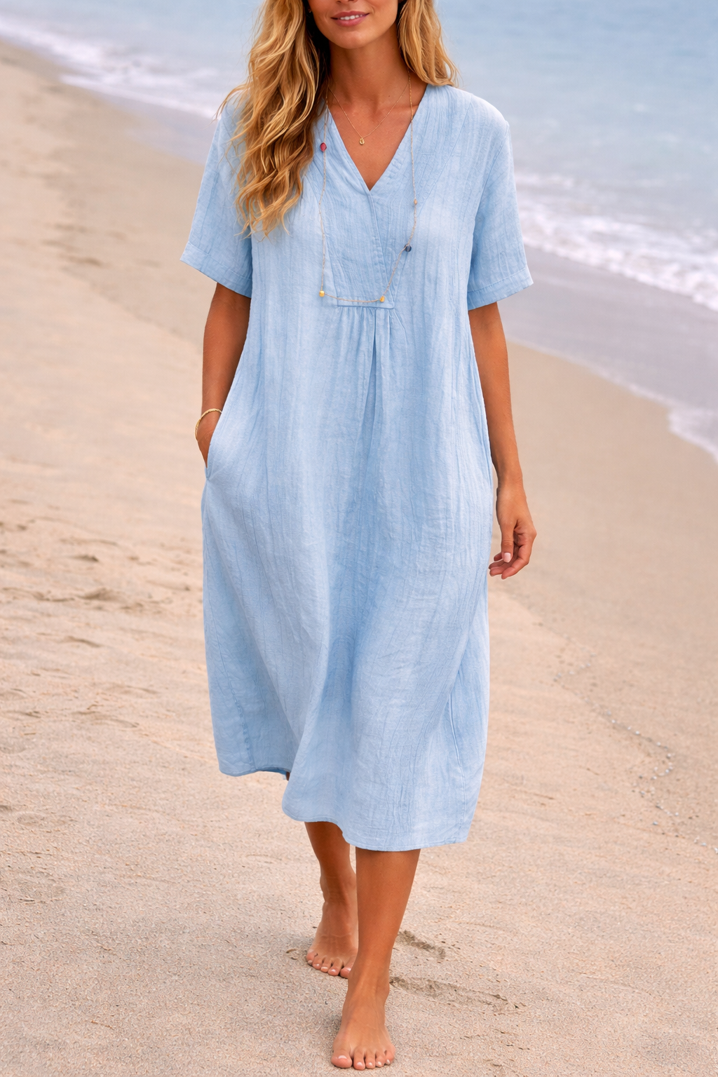 Esme | Women's Linen V-Neck Midi Dress