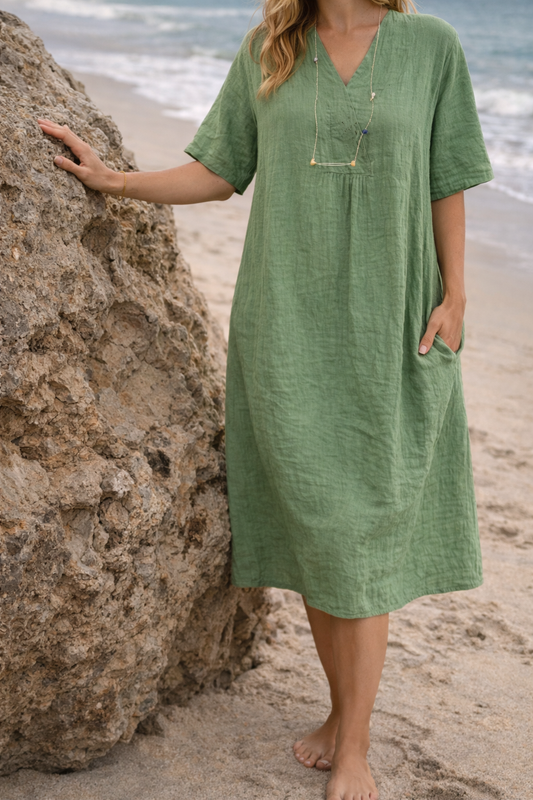 Esme | Women's Linen V-Neck Midi Dress