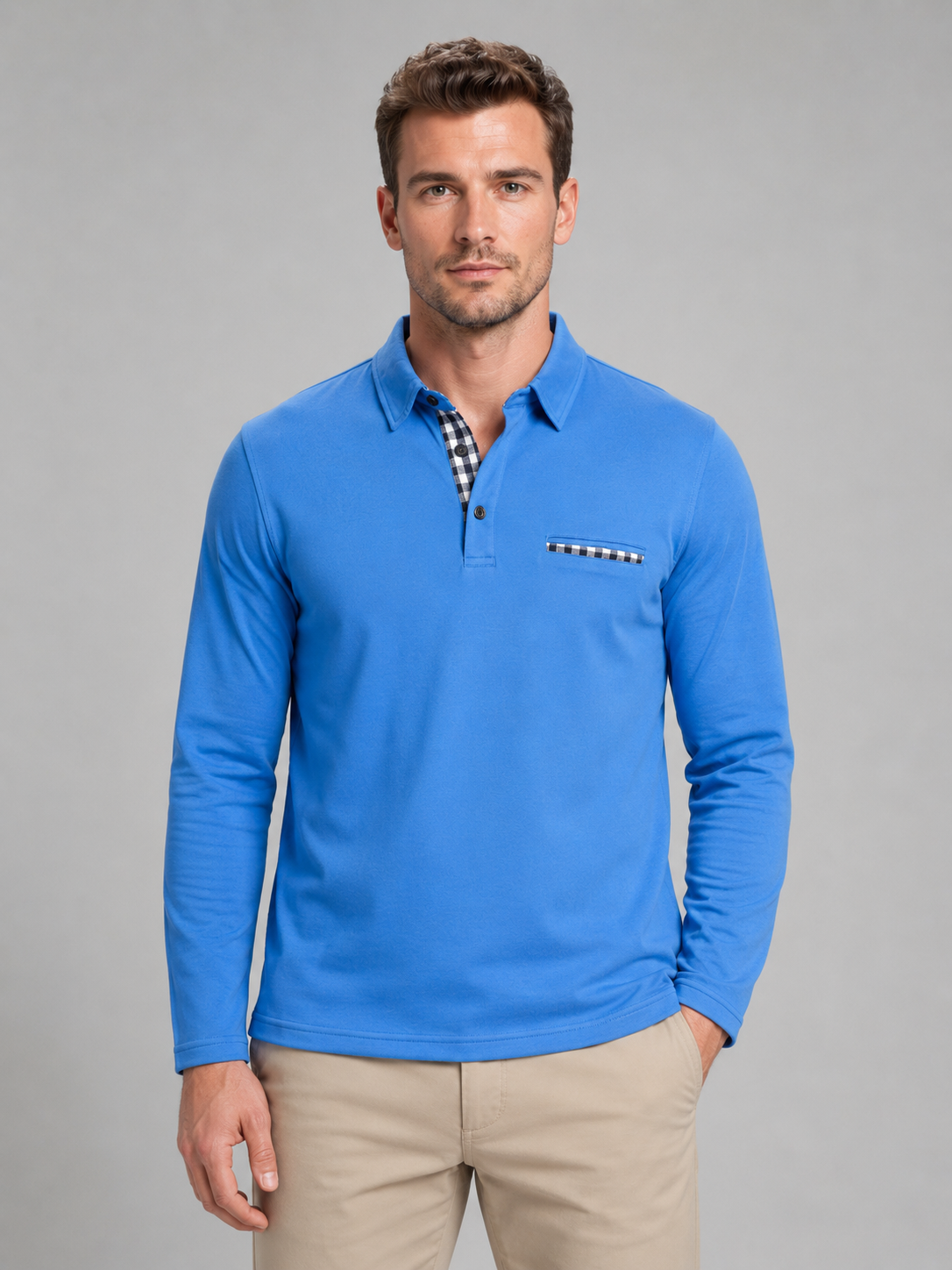 Digby | Men's Long Sleeve Gingham Trim Polo Shirt