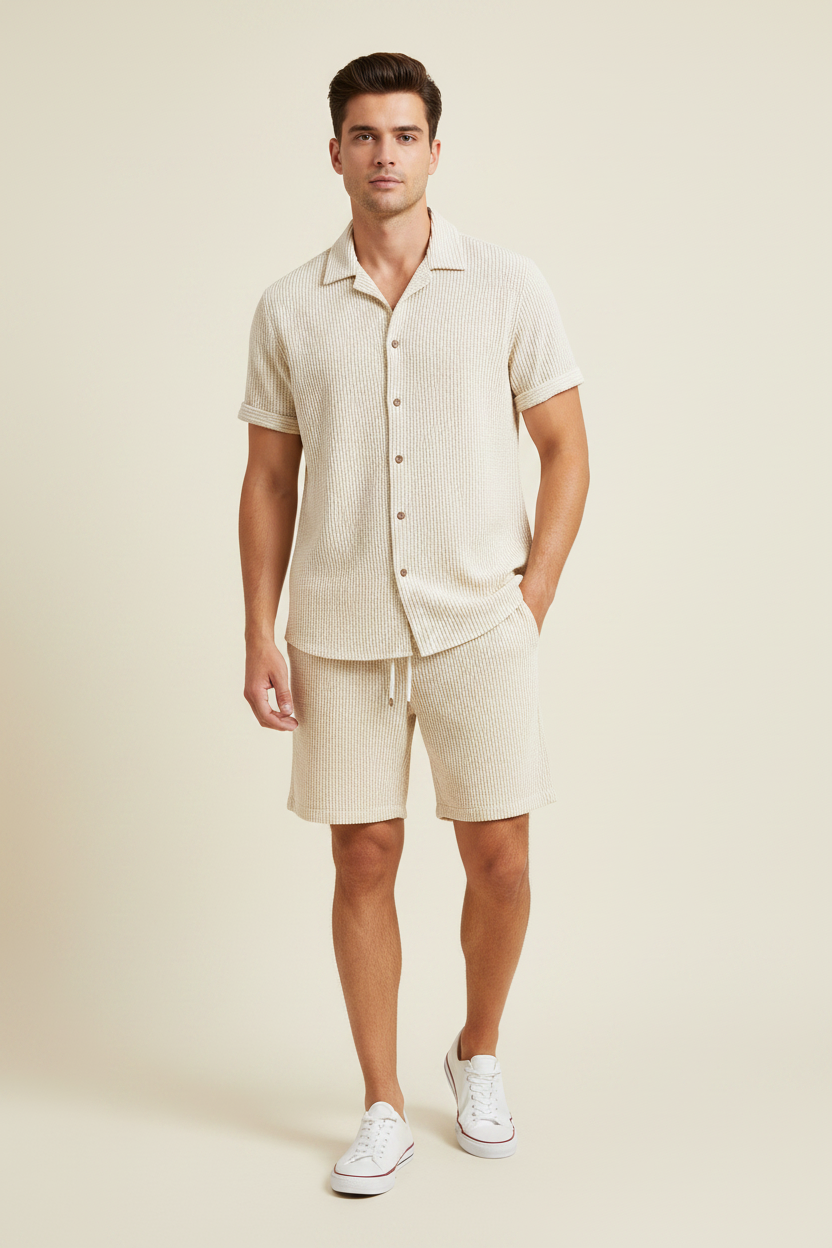 Men's Beige Striped Two Piece Set – Model Shot
