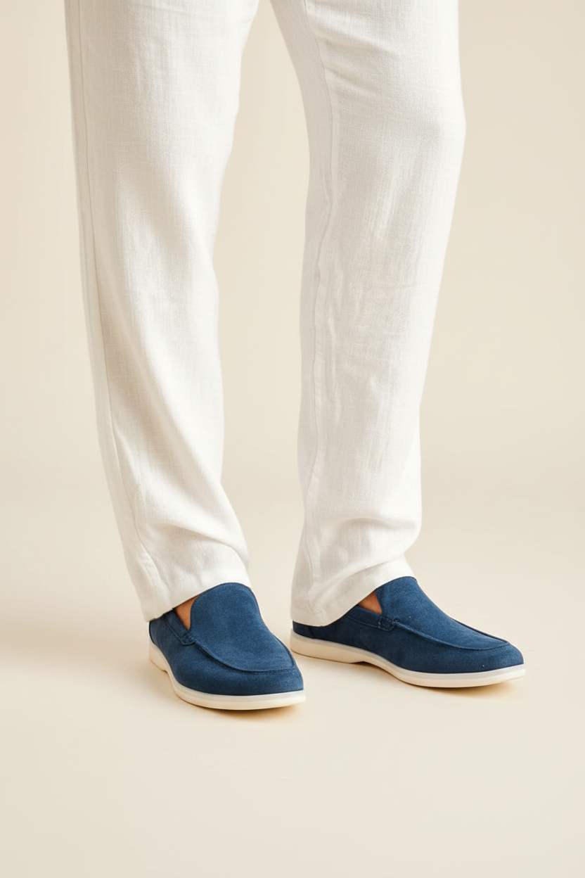Navy blue slip-on loafer close-up